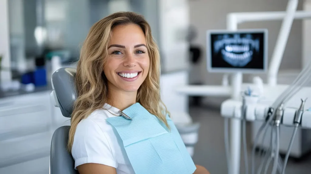 Smiling woman seated in a dental treatment room
